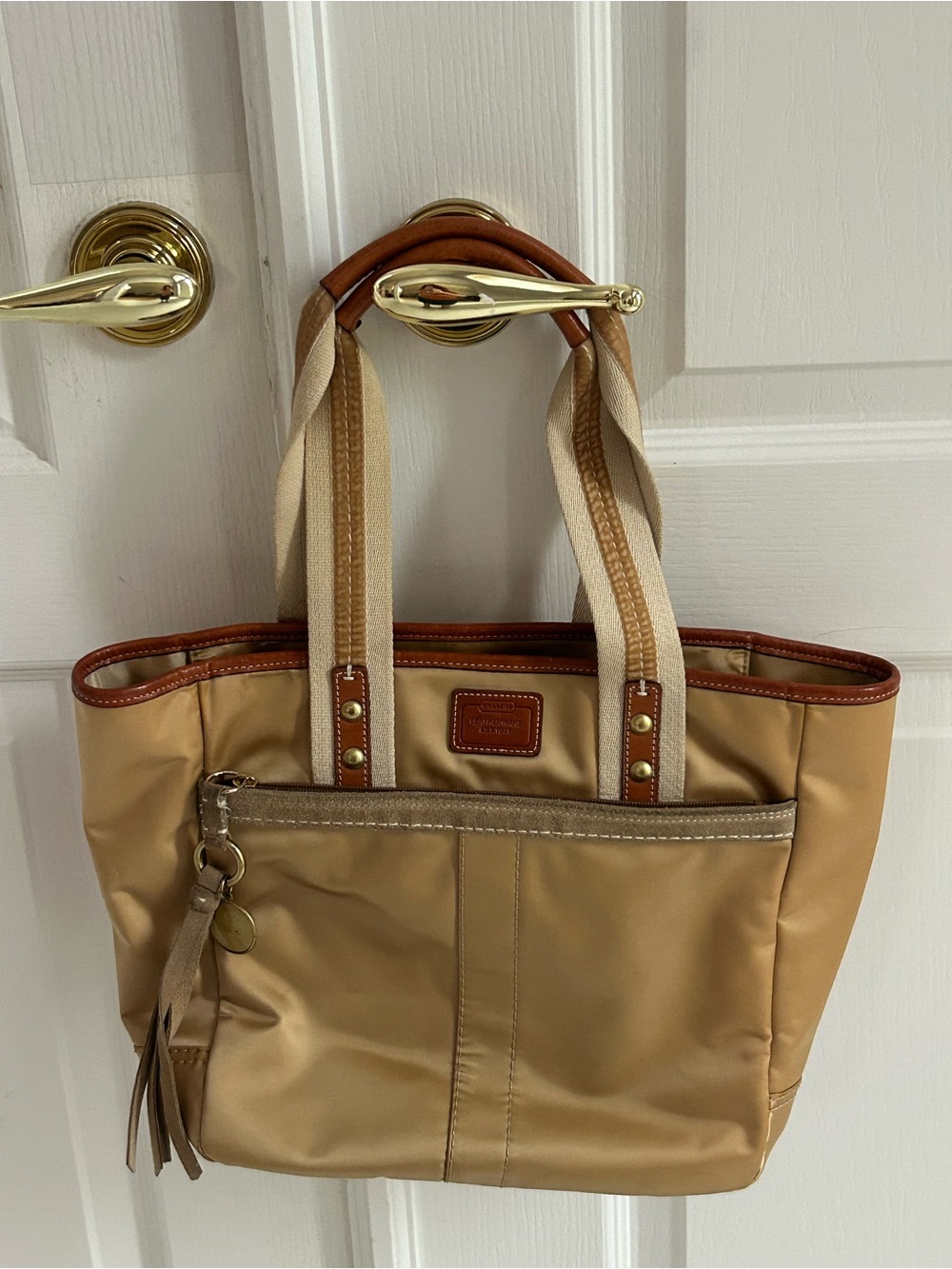 Vintage Coach Hamptons Beige Weekend Tote Nylon Bag with Leather Trim